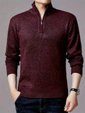 Men's Trendy Knitted Pullover, Casual Mid Stretch Breathable Zip Up Long Sleeve Sweater For Outdoor Fall Winter