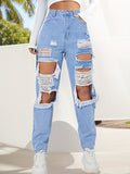 Ripped Knee Cut Destroyed Straight Leg Jeans, High Rise Light Wash Blue Slash Pockets Street Style Denim Pants, Women's Denim Jeans & Clothing