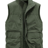 kkboxly Multi Pockets Reversible Cargo Vest, Men's Casual Outwear Stand Collar Zip Up Vest For Outdoor Fishing Photography