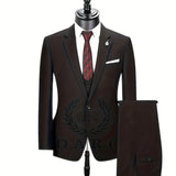 kkboxly  Formal 3 Pieces Set, Men's One Button Suit Jacket & Single Breasted Vest & Pants Suit Set For Business Dinner Wedding Party