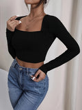 Solid Square Neck T-shirt, Casual Long Sleeve Crop Slim Top, Women's Clothing