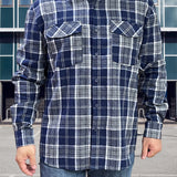 kkboxly  Plus Size Men's Geometric Plaid Long Sleeve Shirt With Pockets For Casual Outfit, Comfy Collared Shirt, Oversized Loose Tops For Men