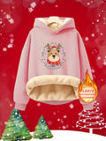 Girls' Fleece-Lined Hooded Sweatshirt Casual Knit Polyester 100% with Cute Reindeer Christmas Print for Fall/Winter Season – Loose Fit Comfortable Pullover for Kids aged 12 and Under