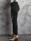 kkboxly  Leopard Print Ripped Skinny Jeans, Embossed Crotch Raw Hem Long Pants, Women's Denim Jeans & Clothing