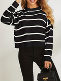 Stripe Print Drop Shoulder Knit Sweater, Casual Crew Neck Long Sleeve Pullover Sweater, Women's Clothing