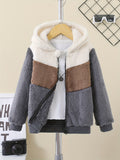 kkboxly Kid's Fuzzy Fleece Hooded Jacket, Color Clash Warm Zipper Coat, Boy's Clothes For Spring Fall Outdoor