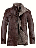 kkboxly  Men's Warm Fleece PU Jacket For Fall Winter, Casual Button Up Stand Collar Faux Leather Jacket