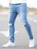 kkboxly  Slim Fit Ripped Jeans, Men's Casual Street Style Distressed Mid Stretch Denim Pants For Spring Summer