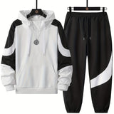 Plus Size Men's Contrast Color Pattern Print Hooded Sweatshirt & Sweatpants Set For Autumn/winter, Men's Clothing