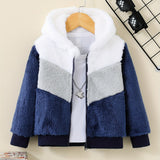 kkboxly Kid's Fuzzy Fleece Hooded Jacket, Color Clash Warm Zipper Coat, Boy's Clothes For Spring Fall Outdoor