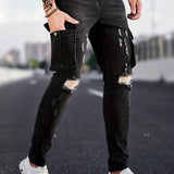 kkboxly Slim Fit Flap Pocket Ripped Jeans, Men's Casual Street Style Mid Stretch Denim Pants For Spring Summer