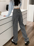 kkboxly  Lace Up Back High Waist Straight Jeans, Y2k Washed Loose Wide Leg Denim Pants, Women's Denim Jeans & Clothing