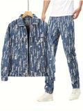 kkboxly  Men's Jacquard Denim Suit, Button Lapel Denim Jacket And Trendy Jeans For Spring Autumn