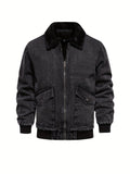 realaiot  Warm Fleece Denim Jacket, Men's Casual Flap Pocket Jacket Coat With Fur Collar For Fall Winter