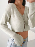 kkboxly  Solid Cropped Knit Cardigan, Casual Button Front Long Sleeve Sweater, Women's Clothing