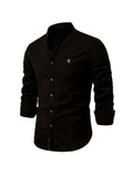 kkboxly  Solid Color Men's Cotton Long Sleeve Button Up Shirt With Stand Collar, Spring Fall