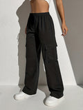 kkboxly  Solid Flap Pocket Loose Cargo Pants, Casual Elastic Waist Versatile Pants, Women's Clothing