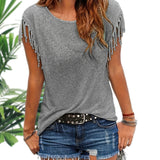 kkboxly  Fringe Hem Solid  T-Shirt, Crew Neck Short Sleeve T-Shirt, Casual Every Day Tops, Women's Clothing