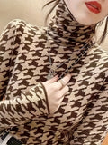 kkboxly  Houndstooth Pattern Turtle Neck Pullover Sweater, Elegant Long Sleeve Slim Versatile Sweater, Women's Clothing