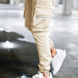 kkboxly  Solid Color Men's Chic Daily Long Drawstring Footed Cargo Pants With Zipper Pockets, Spring Fall Outdoor