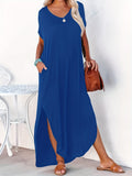 kkboxly  Short Sleeve Maxi Dress, Crew Neck Side Slit Casual Dress For Summer & Spring, Women's Clothing