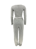 kkboxly Casual Solid Two-piece Set, Long Sleeve Crop T-shirt & Ruched High Waist Pants Outfits, Women's Clothing