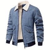 realaiot  Warm Fleece Denim Jacket, Men's Casual Flap Pocket Jacket Coat With Fur Collar For Fall Winter