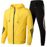 kkboxly  Stripe Design, Men's 2pcs, Long Sleeve Zip Up Hoodie And Drawstring Jogger Pants For Running, Athletics