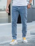 Straight Leg Cotton Jeans, Men's Casual Street Style Classic Design Solid Color Mid Stretch Denim Pants For Spring Summer