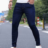 kkboxly  Contrast Stitching Slim Fit Jeans, Men's Casual Street Style Mid Stretch Denim Pants For Spring Summer