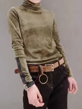 kkboxly  Solid Turtleneck T-Shirt, Casual Long Sleeve Top For Spring & Fall, Women's Clothing