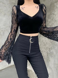 kkboxly  Floral Lace Stitching V Neck T-Shirt, Casual Long Sleeve Top For Spring & Fall, Women's Clothing