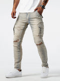 kkboxly  Slim Fit Cargo Jeans, Men's Casual Street Style Multi Pocket High Stretch Denim Pants For Spring Summer