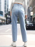 High Rise Light Wash Blue Mom Jeans, Zipper Button Closure Slash Pocket Solid Color Casual Denim Pants, Women's Denim Jeans & Clothing