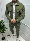 kkboxly  Cotton Blend Men's Trendy 2Pcs Outfit Set Casual Button Up Jacket With Chest Pocke Long Sleeve Coat And Jogging Pants Set For Men Fall Winter