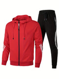 kkboxly  Stripe Design, Men's 2pcs, Long Sleeve Zip Up Hoodie And Drawstring Jogger Pants For Running, Athletics