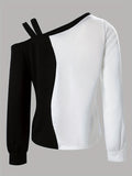 kkboxly  Rhinestone Color Block T-Shirt, Casual Long Sleeve Cold Shoulder T-Shirt, Women's Clothing