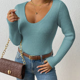 kkboxly  Solid Rib Knit Sweater, Casual Long Sleeve V Neck Slim Sweater, Women's Clothing