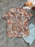 kkboxly  Paisley Print V-neck Loose Blouses, Casual Frill Short Sleeve Fashion Shirts Tops, Women's Clothing