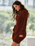 kkboxly  Solid Turtleneck Drop Shoulder Sweater Dress, Casual Long Sleeve Bag Hip Mini Dress, Women's Clothing