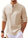 Men's Retro Casual Long Sleeve Stand Collar Shirt With Half Button, Spring Fall Outdoor