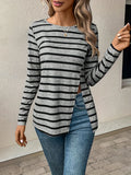 kkboxly  Stripe Print Slit Hem T-Shirt, Casual Long Sleeve Top For Spring & Fall, Women's Clothing