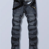 kkboxly  Regular Fit Jeans, Men's Casual Street Style Distressed Medium Stretch Denim Pants For All Seasons