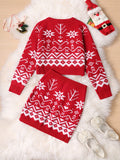 For Christmas & Spring Outdoor Activities, Tweens' Knitted Set - Geometric Pattern Knit Sweater & Skirt Set