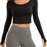 kkboxly  Plain Solid Crew Neck Crop Tops, Slim Fit Long Sleeves Yoga T-shirt, Women's Activewear