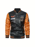 kkboxly  Men's Casual Pockets "R" Print Zipper Long Sleeves Baseball Collar PULeather Jacket