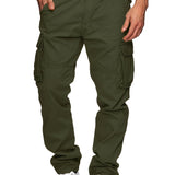 Cotton Solid Multi Flap Pockets Men's Straight Leg Cargo Pants, Loose Casual Outdoor Pants, Men's Work Pants For Hiking Fishing Angling