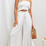 kkboxly  Boho Drawstring Wide Leg Pants, Casual Smocked Waist Elastic Palazzo Pants For Spring & Summer, Women's Clothing