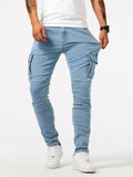 kkboxly  Slim Fit Multi Pocket Jeans, Men's Casual Street Style High Stretch Denim Cargo Pants