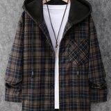 kkboxly  Retro Plaid Shirt Coat For Men Long Sleeve Casual Regular Fit Button Up Hooded Shirts Jacket Shacket